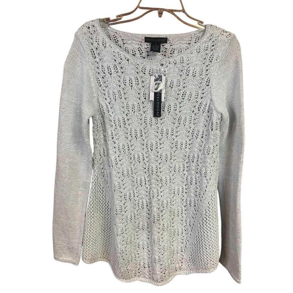 Presswick & Moore crocheted sweater Sz M Lt blue/Silver NWT